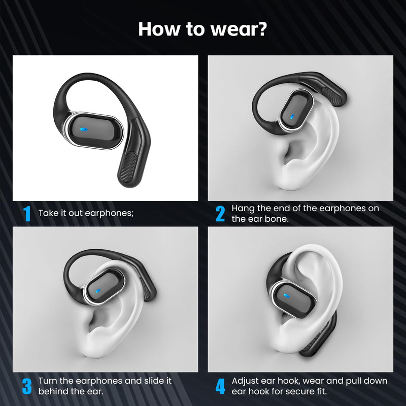 Open Ear Wireless Earbuds Bluetooth Headphones, 80H Playtime Stereo Ear Buds with ENC Noise Cancelling, Fast Charging, IPX7 Waterproof Sports Earphones with Earhook for Running/Workouts (Black) Black