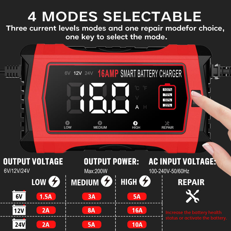 16 Amp Battery Charger, Car Battery Charger 6V 12V 24V Lithium,Lifepo4,Lead-Acid(AGM/Gel/SLA..),Battery Maintainer, Trickle Charger, and Battery Desulfator for Car,Boat,Motorcycle… 16A