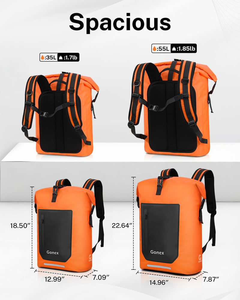 Gonex Waterproof Ultralight TPU Backpack 55L Roll Top Dry Bag, Kayaking | Back Padding, Camping, Fishing, Travel, Adjustable Straps, External & Internal Storage Pockets, Orange