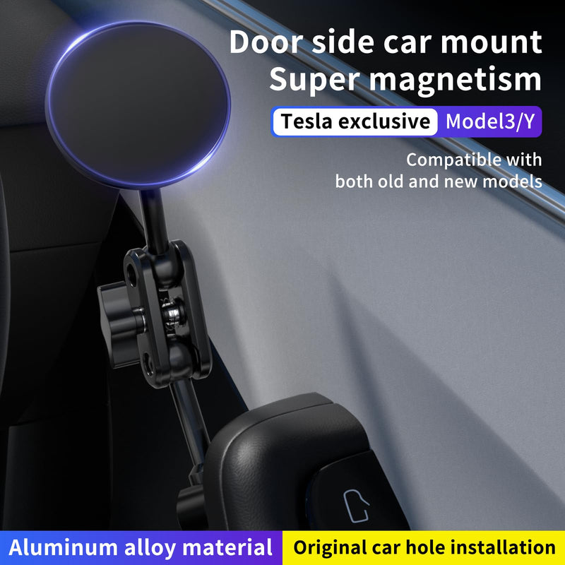 Magnetic Door Phone Mount for Tesla Model 3/Y 2021-2026, MagSafe Compatible Aluminum Alloy Phone Holder, 4D Adjustable, Strong Magnets, Factory Hole Install, No Drill, Includes Metal Ring