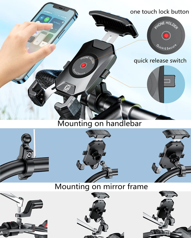  [AUSTRALIA] - BRCOVAN Motorcycle Phone Mount, [1s Lock] [One Hand Operation] Bike Phone Mount, Aluminum Alloy Mounting Base Handlebar Cell Phone Holder for Bicycle Motorcycle ATV Scooter Fit 4''-7'' Smartphones