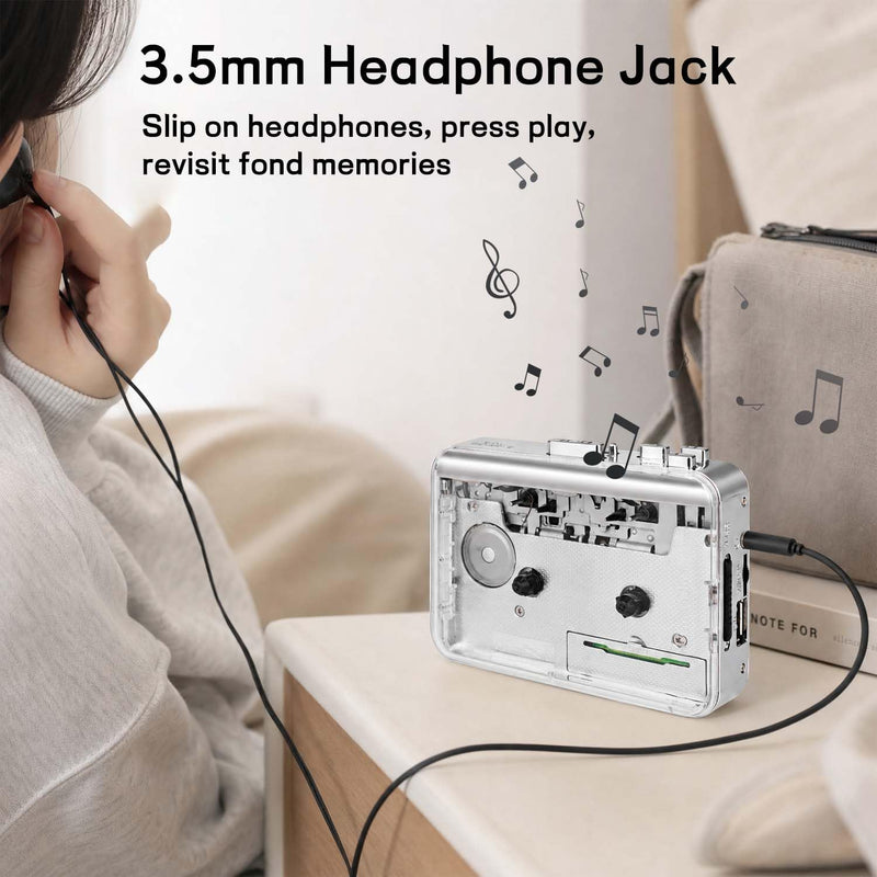Copper Wheel Movement＆Earphone,Cassette Tape to MP3 Converter with Tape Converter Software,Powered by USB Power Cord or AA Battery (Silver) silver