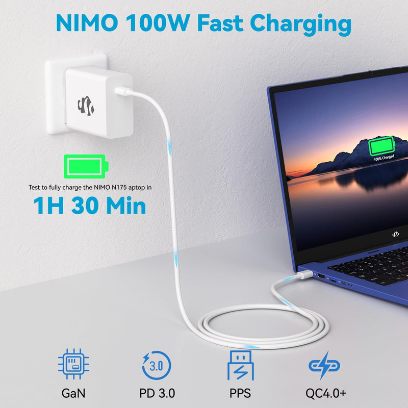 NIMO 65W GaN USB C Fast Charger, Compact PD 3.0 Adapter with 6.6ft Cable, Reliable Laptop Power Block for MacBook Pro/Air, iPhone-17/16 Pro Max, iPad, Sam-sung-S26/S25, PPS Charger for Travel Office White