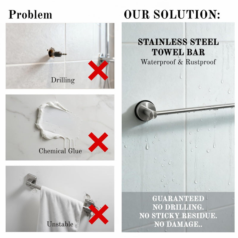 Suction Cup Towel Bar 17-28 Inch Adjustable Retractable Stainless Steel Towel Rack for Bathroom, RV & Renters - No Drill Heavy Duty Wall Mounted Holder, Removable for Glass & Tile (1, Silver) 1