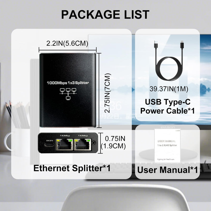 Gigabit Ethernet Splitter 1 to 3 High Speed, 1000Mbps LAN Splitter (3 Devices Simultaneous Networking), RJ45 Splitter Adapter with USB Power Cable, Internet Splitter for Cat5/5e/6/7/8 Cable