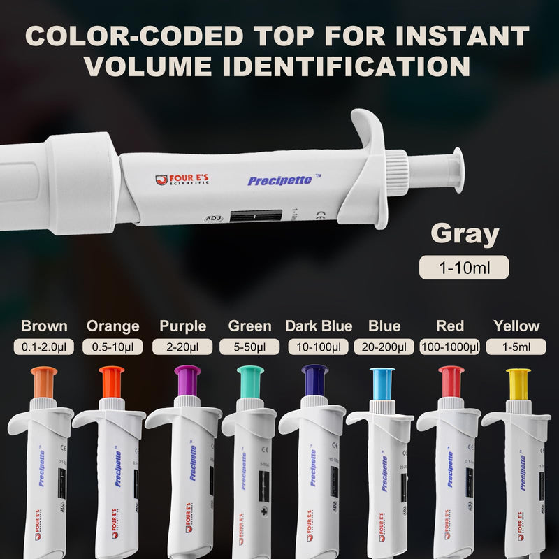 4E's USA Lab 1-10mL Pipette: Single-Channel Adjustable Micropipette with Color-Coded Top (Grey), 4 Digit Display, Universal Tip Cone, High Accuracy, ISO 8655 Calibrated & Lower Portion Autoclavable