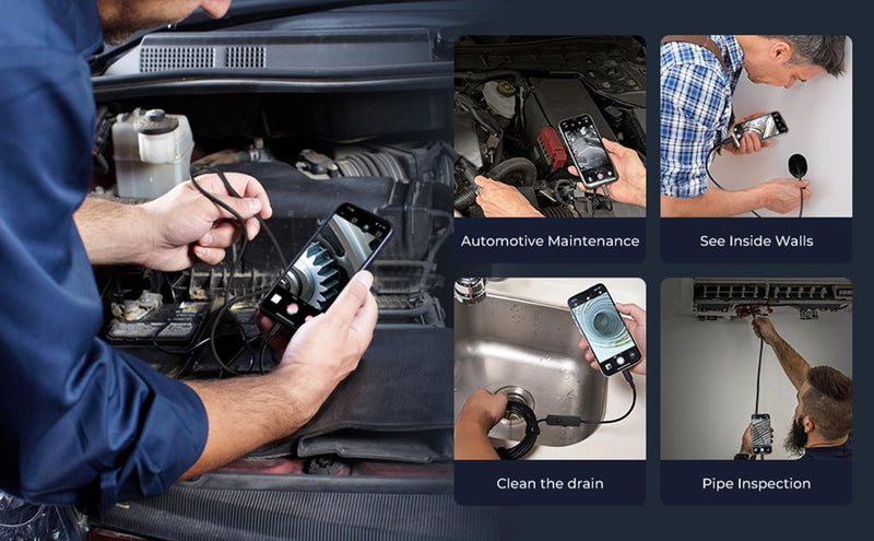 Dual-Lens Endoscope Camera with Light, POLEDY 1920P HD Borescope, 8 Adjustable LED Light, IP67 Waterproof, 16.4ft Snake Camera, Semi-Rigid Cable Inspection for Android, iOS Dual Lens