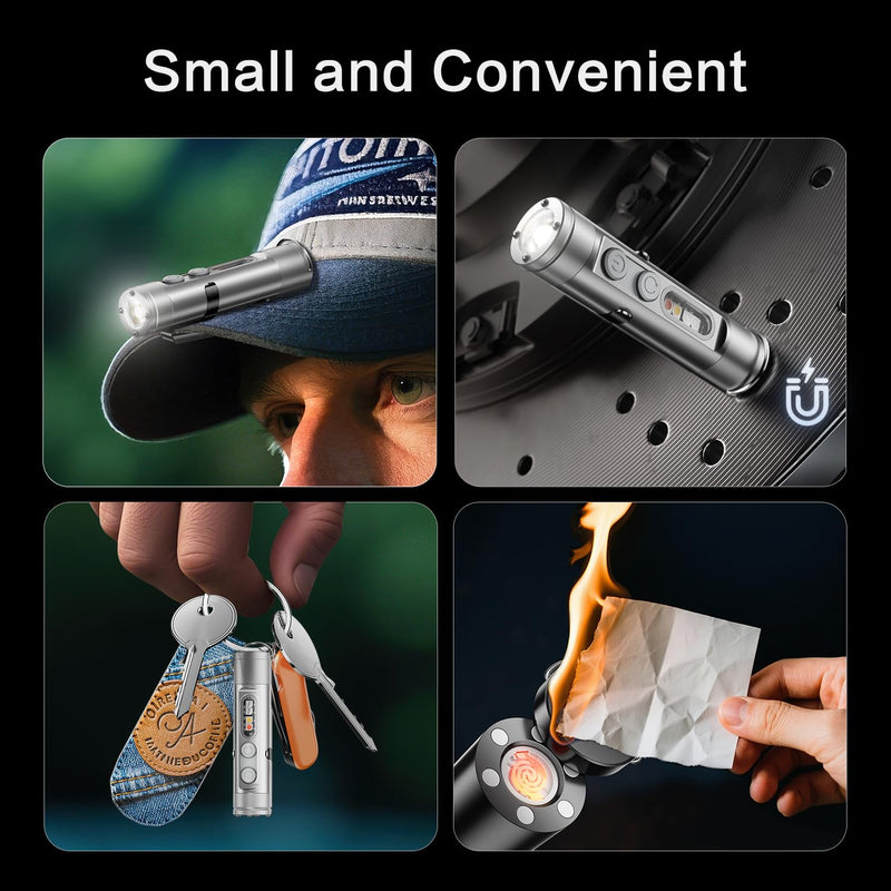 Taclite Mini – Ultimate Everyday Micro Tool K2 Mini Flashlight with COB Light, 6-in-1 Rechargeable Keychain Torch, Side Lights, Strobe, Magnet, Window Breaker, Electric Lighter – EDC Survival Tool Black