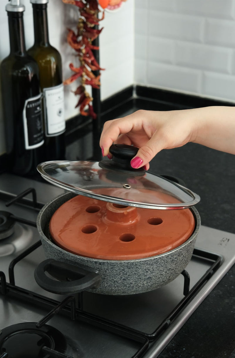 Serazat Handmade Clay Pot Dolma Lid Cover-Terracotta Glazed Grape Leaf Roll Lid Natural Earthenware Weighted Cooking Grill Plate for Dolma Perfect Tool for Stuffed Dishes! (Medium 8.2 in)