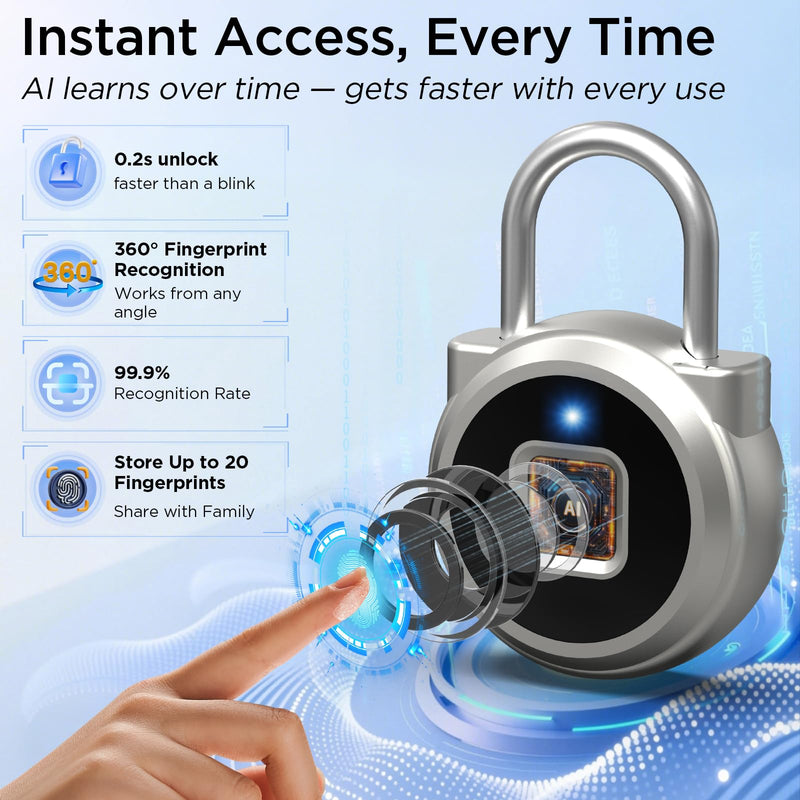 Fingerprint Lock, Dhiedas Gym Lock, Bluetooth Lock, Small Fingerprint Padlock with Keyless, Weatherproof Smart Lock for Gym Locker School Suitcase Cabinet Luggage Storage and Fence Silver 1'' shackle