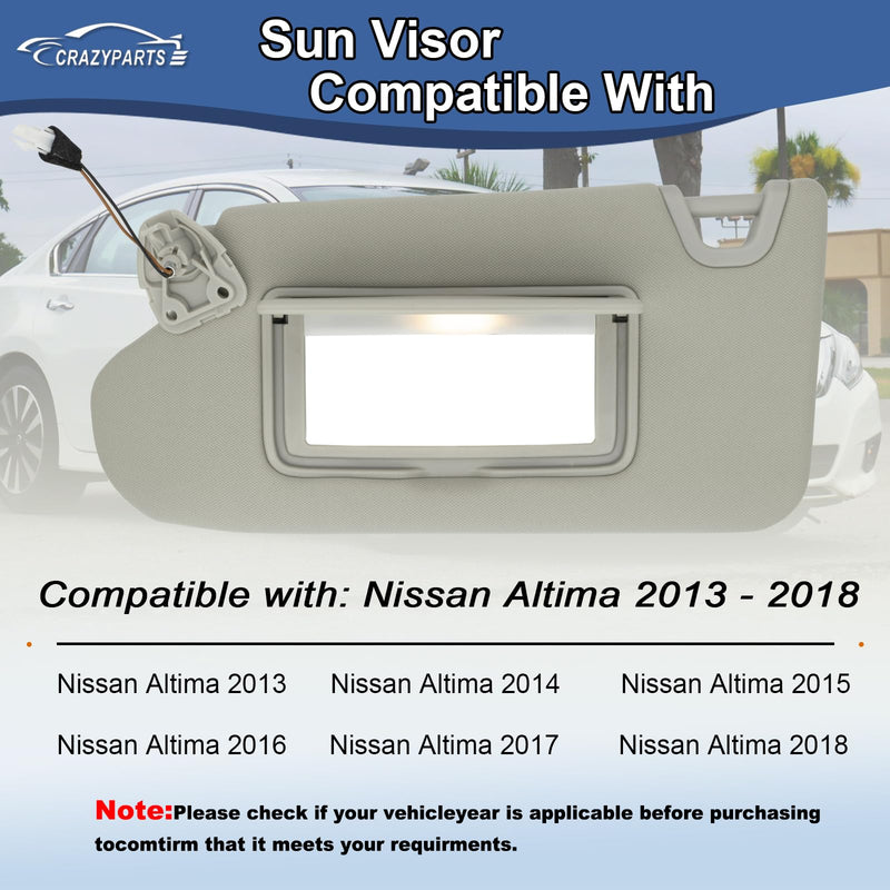 Driver Left Side Sun Visor Replacement Compatible with Nissan Altima 2013 2014 2015 2016 2017 2018 with Light Switch 96401-3TA2A Color Grey Gray（Left Driver)