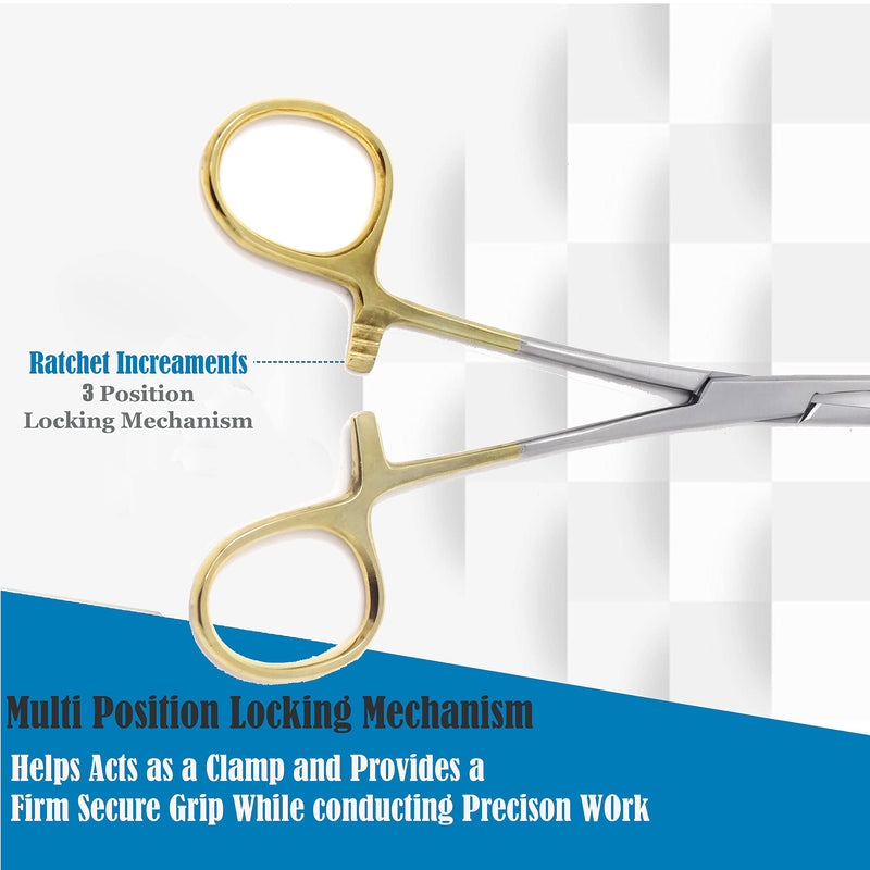 Kelly Hemostat Forceps 5.5" Curved Clamps with Half Serrated Jaws Ideal for EMT, Firefighter, Nurses, Dental, hobby, Fishing Electronics, Pruning + More Stainless Steel (Gold Handle) Gold Handle