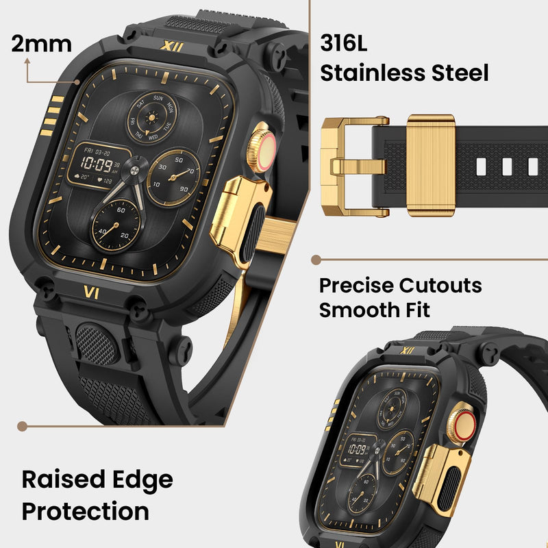 DABAOZA Rugged Sport Band with Case Compatible for Apple Watch 45mm 44mm | Shock&scratch resistant,men sport daily wear,fits 45mm 44mm,iWatch Series 9 8 7 6 5 4 SE 3 2,Black/Gold Black/Gold 45mm/44mm