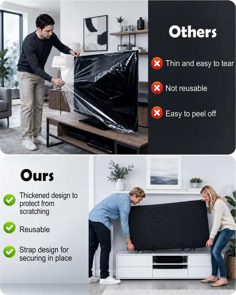 TV Moving Cover for 50–55 Inch Flat Screen TVs | Padded TV Screen Protector with Bottom Strap for Moving, Storage, Home Renovation & Pet Scratch Protection, Black