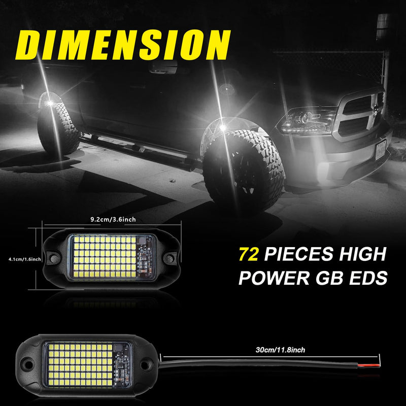 Nicoko 4Pods Pure White 72 Leds SMD Chips 72w High Power Rock Lights Super Bright White Offroad Car Boat Underglow Lights IP68 Waterproof for Truck SUV UTV ATV RZR Pure white rock lights