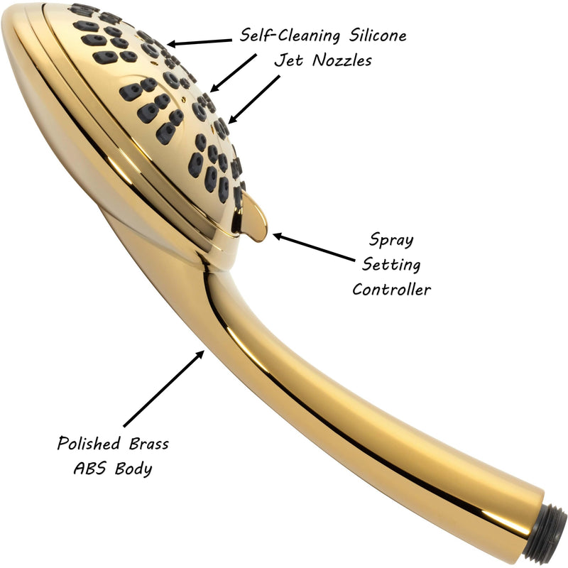 Aqua Elegante Luxury Handheld Shower Kit - 6 Function High Pressure Removable Hand Held Showerhead with Hose and Mount, Easy Install for Boosting Low Water Flow Baths - 2.5 GPM - Polished Brass