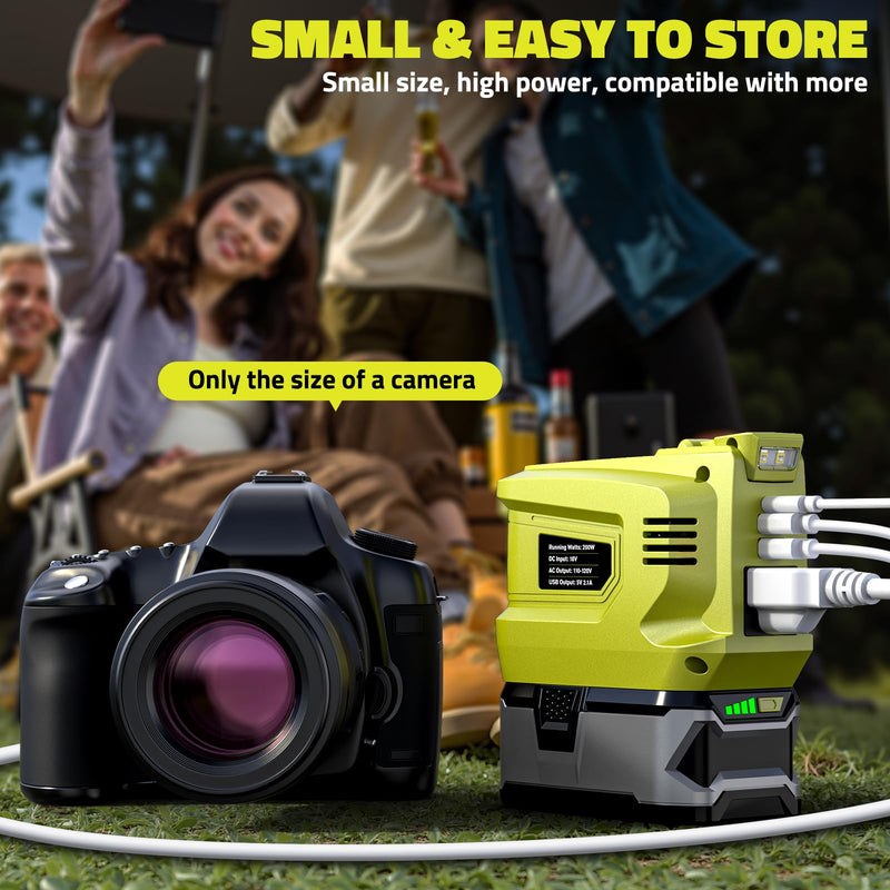 200W Portable Power Inverter Compatible with Ryobi 18V,Ecarke Real 200W Outdoor Generato Battery Converter with 2 USB&LED&AC Battery Powered Outlet,Convert DC 18V to AC 110V Portable Power Station Compatible with Ryobi 18V(no battery)