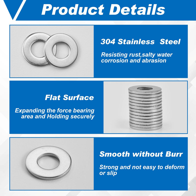 Hotop 500 Pcs Stainless Flat Washer 1/4" ID 5/8" OD Fender Washers 304 Stainless Steel Washers for Factories Repair, Kitchens, Shops, and Outdoor Construction 1/4" ID, 5/8" OD
