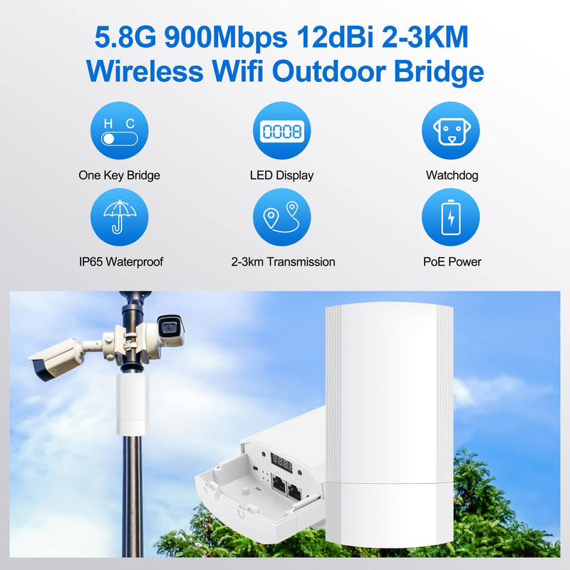 Wireless Bridge Set 900Mpbs 5.8G WiFi Outdoor CPE Point to Point Long Range up to 2-3KM CPE200 with 12dBi High-Gain Antenna，24V PoE Power, IP65 Waterproof,2-Pack, White Old version