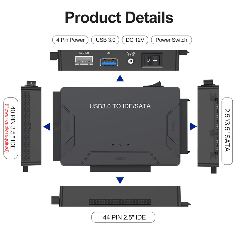 Hard Drive Reader USB 3.0 & Type C to SATA IDE Adapter, Internal Data Transfer Recovery Converter Kit with 12V/2A Power for 2.5"/3.5" SATA/IDE HDD SSD Hard Disk Internal Blu-ray Drive, up to 20TB For IDE/SATA
