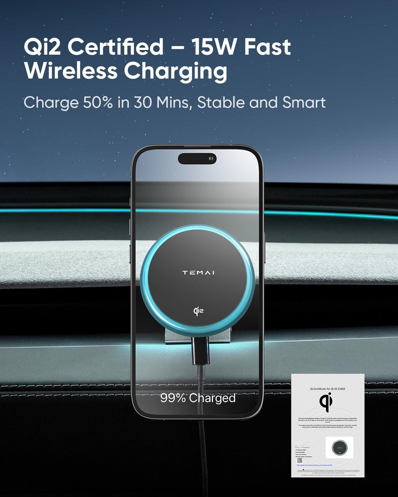 TEMAI Car Mount Charger, 15W MagSafe Wireless Car Charger & Phone Holder for Model Y Juniper(2025)- Strongest Magnetic Fast Charging Accessories Slideable Air Vent Mount with Silicone Pads Slideable Vent Mount + Charging Model Y Juniper(2025)