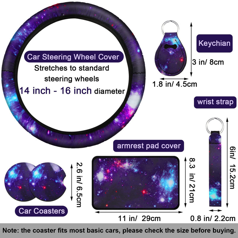 10 Pcs Galaxy Car Seat Covers Set Car Steering Wheel Cover Front Seat Covers Cup Holder Keyring Armrest Pad Seat Belt Pads Wrist Strap Print Car Decor Accessories for Vehicle Car (Starry Sky Style)