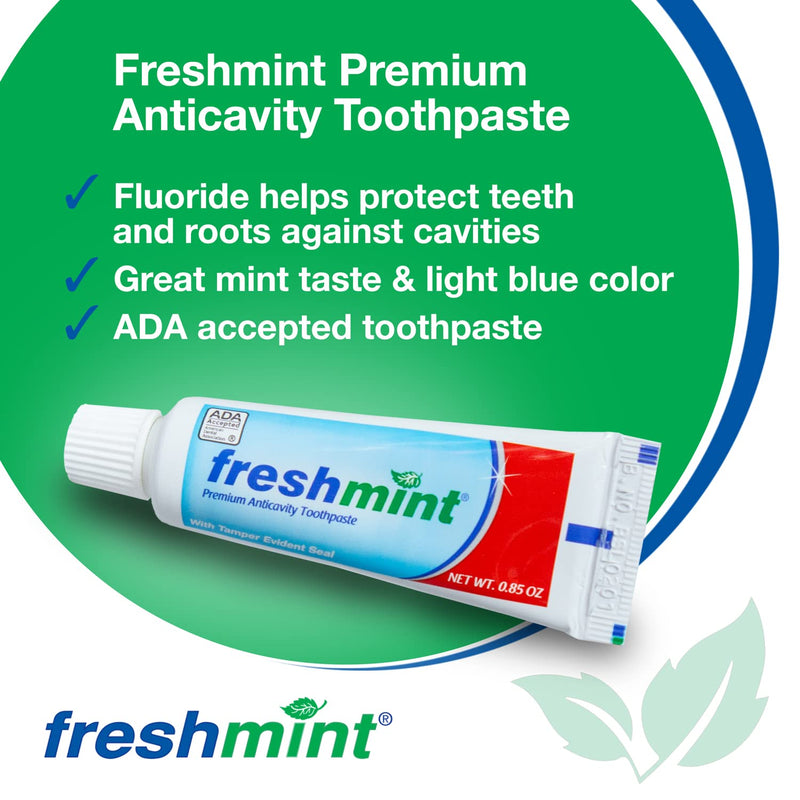 Freshmint® 144 Tubes of 0.85 oz. Premium Anticavity Fluoride Toothpaste with Safety Seal (ADA Accepted) Mint 0.85 Ounce (Pack of 144)