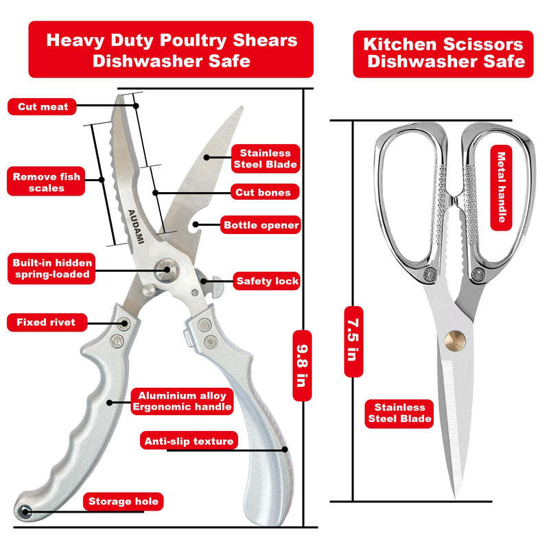 2 Pack Kitchen Shears,Heavy Duty Stainless Steel All-Purpose Poultry Meat Scissors for Cooking-Dishwasher Safe Silver+silver