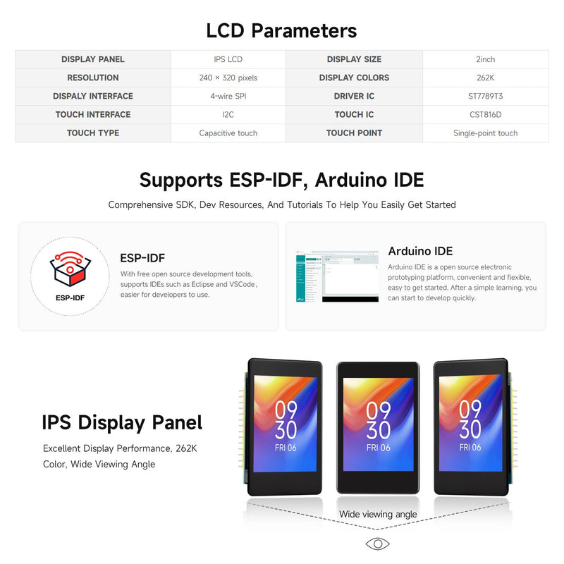 waveshare ESP32-S3 2inch Capacitive Touch Display Development Board, 240×320 Pixels, IPS Panel, 32-bit LX7 Dual-core Processor, Onboard Camera Interfac, Include OV560 Camera