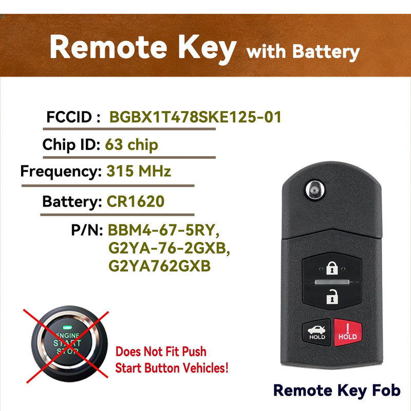 2PCS Remote Key Fob Replacement for Mazda 3 6 2010 2011 2012 2013 | 4 Button Flip Key for Mazda CX-9 MX-5 Miata, DIY Match Key Functions, Chip & Blade by Locksmith Required