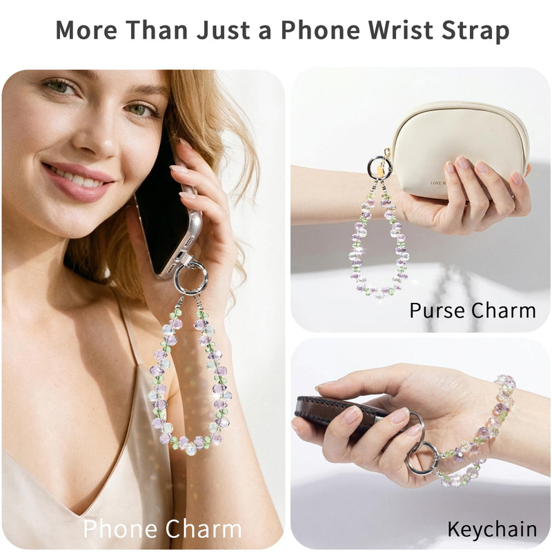 Phone Wrist Strap, Beaded Phone Charm, Cellphone Chain Wristlet | Sparkle Crystal Phone Lanyard with Tether Tab for Women Daily Use, Strong Wire, Anti-Drop, Fits All Phones, Wristlet Keychain Lavender Mint