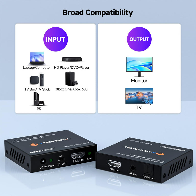 J-Tech Digital 4K HDMI Audio Extractor, 4K@60Hz 1080P@120Hz 1080P@144Hz HDMI to Optical, 3.5mm Audio Converter Adapter, SPDIF, HDR10 CEC Digital Audio, DTS 5.1, [JTD18G-H5CHV2] 4K60 Audio Extractor