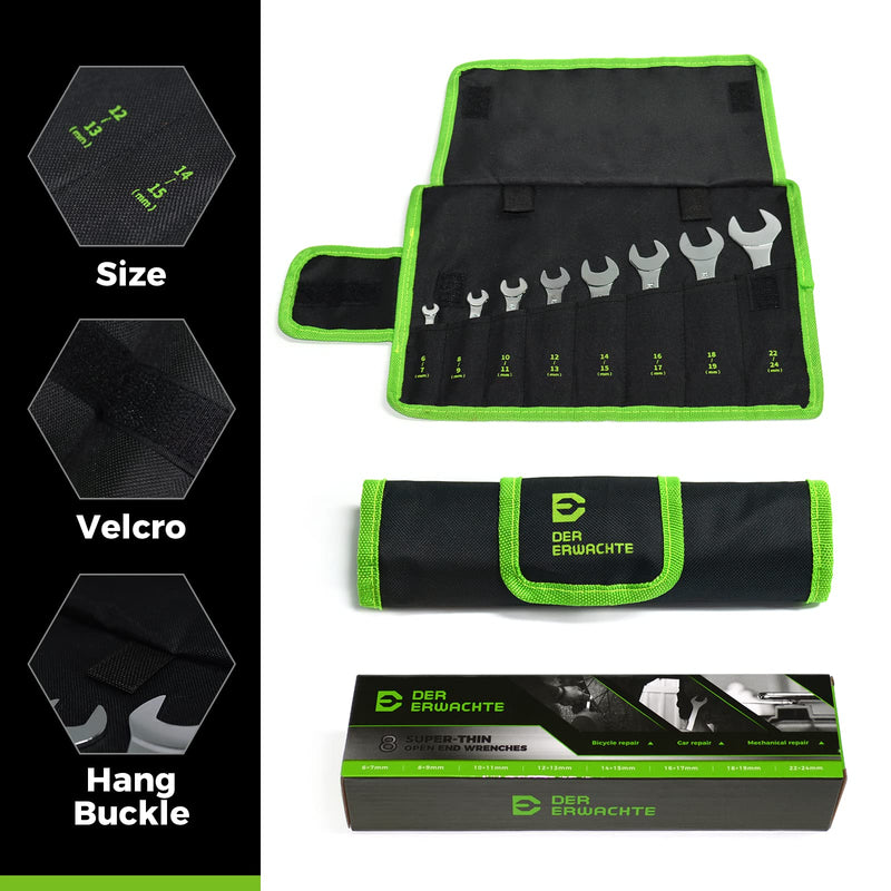 Super-Thin Open End Wrench Set, Metric, 8-Piece, Including 6, 7, 8, 9, 10, 11, 12, 13, 14, 15, 16, 17, 18, 19, 22, 24 mm, Slim Spanner Wrench Set with Rolling Pouch