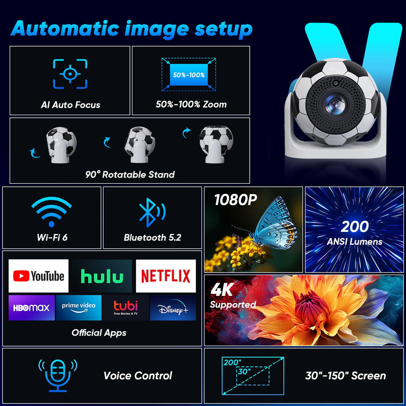 Mini Projector with WiFi and Bluetooth Auto Focus & Vertical Keystone Smart Portable Projector Android 13 with Built in Apps 1080P HD 4K Support w/ HDMI/USB Supported Home Movie Projector (Football) Football