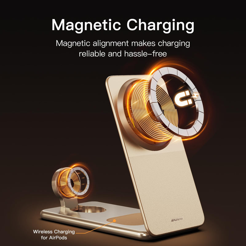 ANJANK Foldable Magnetic Charger, 25W 3 in 1 Wireless Charging Station, Qi2.2 Fast Charger, Aluminum Alloy Cooling Charger Stand for iPhone17/16/15 Pro Max, Apple Watch, AirPods(45W Adapter),Ultrathin