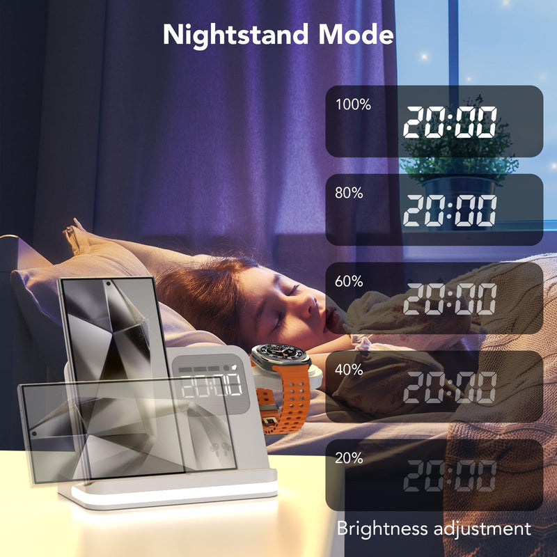 4 in 1 Wireless Charger with Alarm Clock Compatible for Galaxy Watch 8/7/Ultra/FE/6 Pro Galaxy S26 Pro/Ultra/S25+/S24/S23/Note 20/Z Flip 7/6/5 Fold Galaxy Buds4/2/Pro Multiple Devices Charging Station white