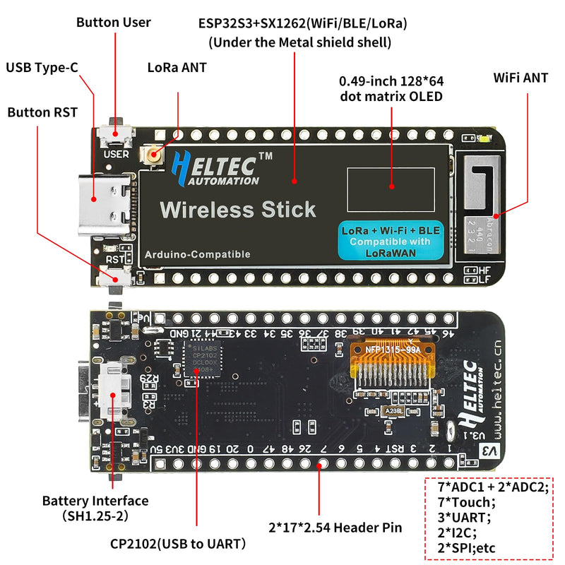 ESP32 S3 SX1262 Wireless Stick Module WiFi BLE LoRa V3 Development Board with 0.49" OLED Display 863~928MHz Bluetooth 64M Bits Compatible with Arduino Wireless Stick Board