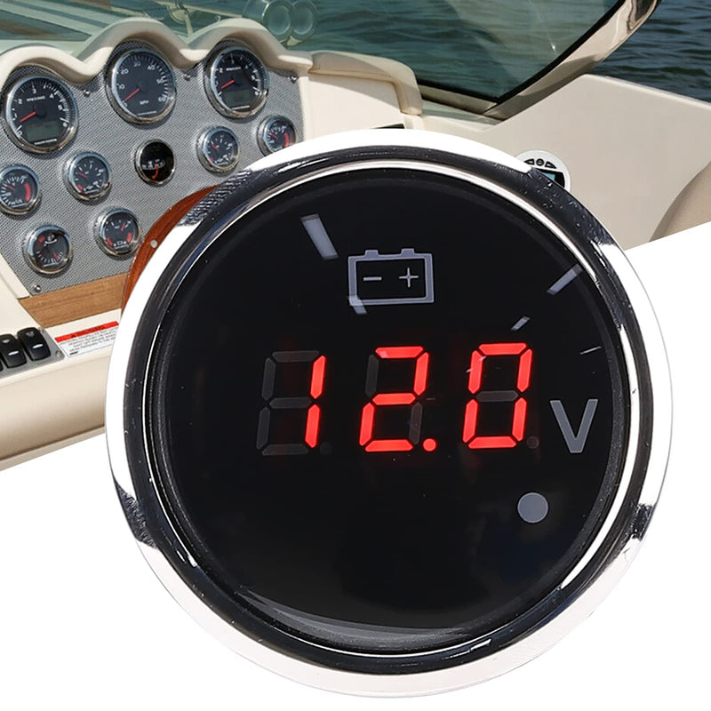 Marine LED Voltmeter, 2in 316 Stainless Steel Battery Voltage Gauge LED Digital Display IP67 Smart Alarm Universal for Car Boat Auto, Red Alarm Light Flashes (Black) Black