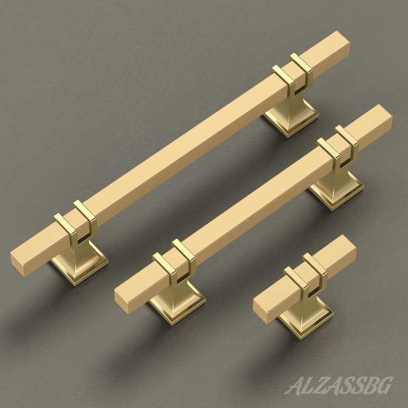 Alzassbg 6 Pack Gold Cabinet Pulls, 7 Inch(177mm) Hole Centers Kitchen Hardware Square Cabinet Handles for Cabinets and Drawers AL3094BB 7" Hole Center