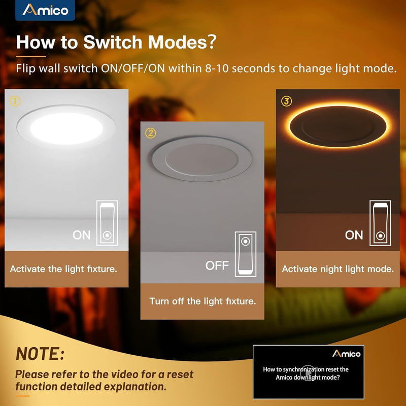 Amico 2 Pack 6 Inch 5CCT LED Recessed Ceiling Light with Night Light, 2700K/3000K/3500K/4000K/5000K Selectable Ultra-Thin Lighting, 12W=110W, 1100LM, Dimmable Canless Wafer Downlight ETL&FCC 6 Inch-White