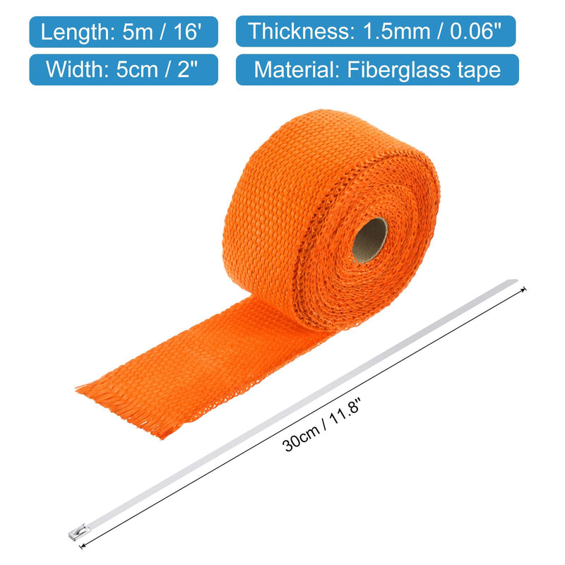 MECCANIXITY Fiberglass Exhaust Wrap Tape, 2" x 16' Orange Header Heat Wrap with 4 Stainless Ties for Hot Rods and Motorcycle 2" x 16'