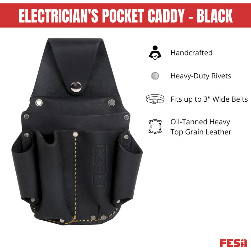 FESA Leather Electrician Tool Pouch - Pocket Caddy Clip On Tool Pouch with Voltage Test Meter Pocket & 5 Other Compartments - Easy On & Off - Fits Belts up to 3" Wide - Handcrafted Black