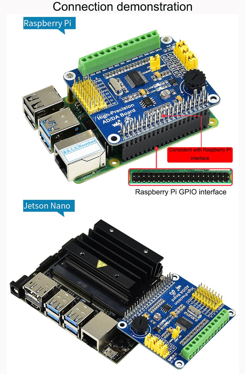 High-Precision AD/DA Expansion Board for Raspberry Pi 4B/3B+/3B/2B/Zero/W/Zero WH and Jetson Nano,Add High-Precision AD/DA Functions to Pi. Onboard ADS1256 8-CH 24bit ADC and DAC8532 2-CH 16bit DAC
