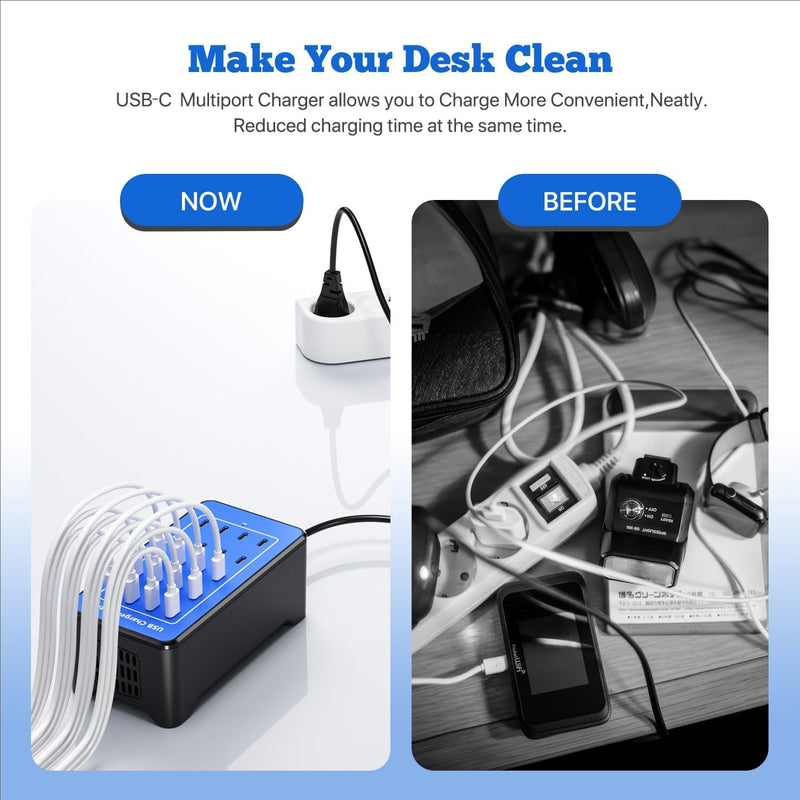 USB C Charging Station, USB C Charger Block for iPhone, Android, Smartphone, Tablet, Samsung, AirPods, and Smart Watch Multiple Devices, 20-Port 100W Multi Port Desktop Charger Blue-20 port