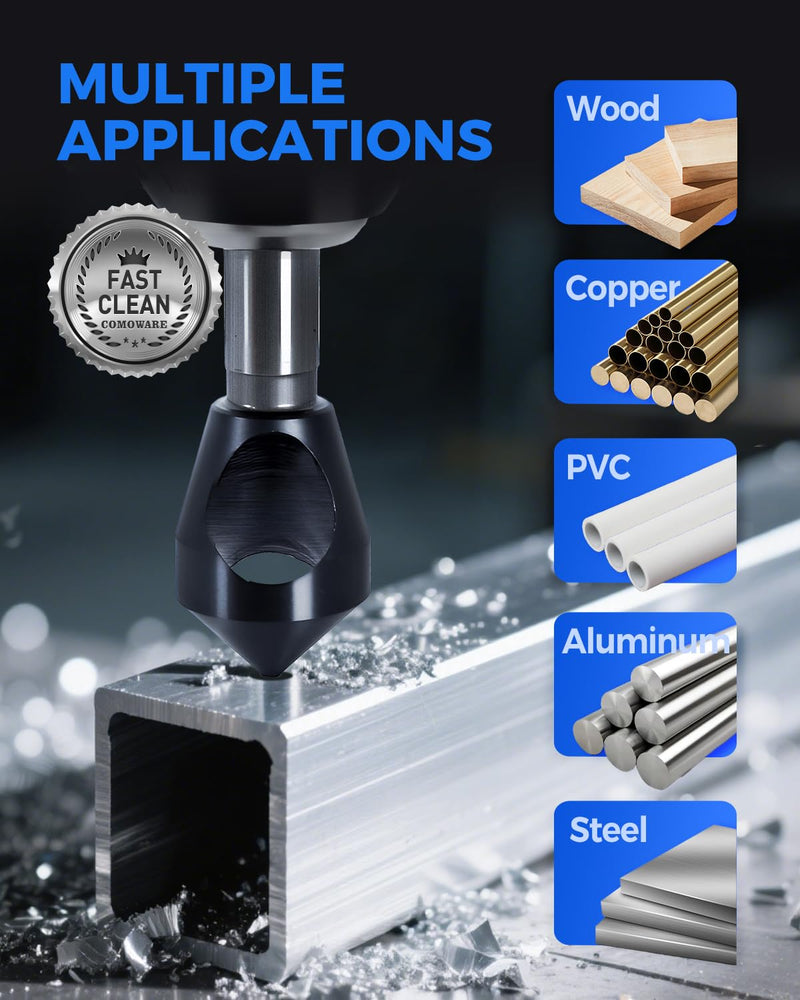 COMOWARE 4pcs TiAIN Coated Chamfer Tool M35 Chamfer Bit 90-Degree Countersink Drill Bit Set for Wood & Metal, Heavy Duty Countersink Bit SAE 1/4"-3/4", 2-5, 5-10, 10-15, 15-20mm M35 1/4"~1"