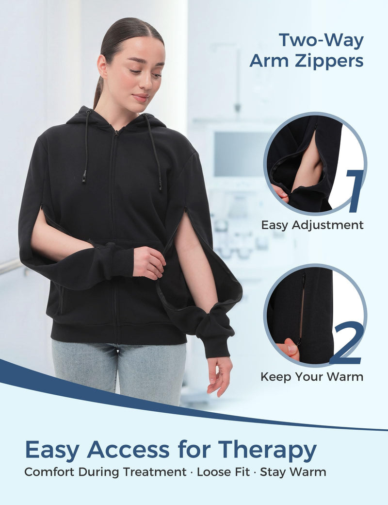Dialysis Hoodie with Built-In Eye Mask Two Way Arm Zippers for Port Access Dialysis Sweatshirts Black Large