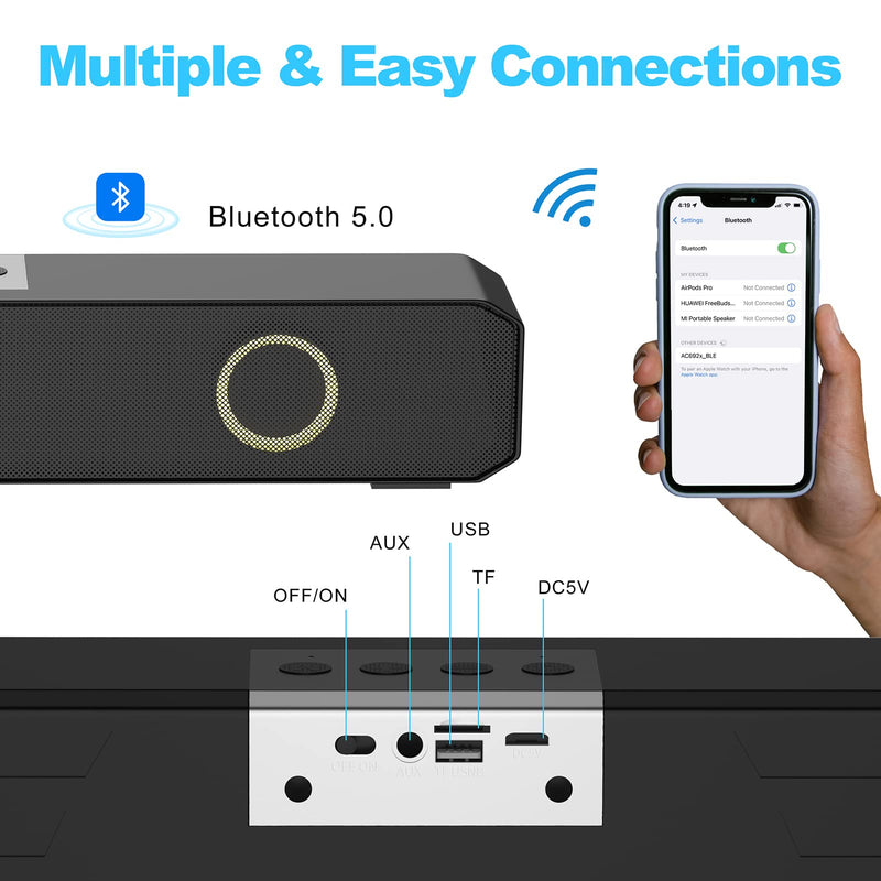 Portable Wireless Speaker Home Bluetooth Sound Bar with Multi-Color Flashing Lights Compatible for PC, Laptop, Smartphones (Black)