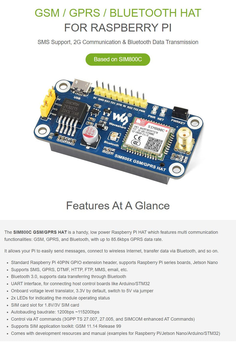Waveshare GSM/GPRS HAT, Compatible with Raspberry Pi 5/4B/3B/Zero/Zero W/Zero 2W/Pico/Pico W/Pico WH,Jetson Nano Based on SIM800C Support SMS Data Transfer ect, 2G Communication