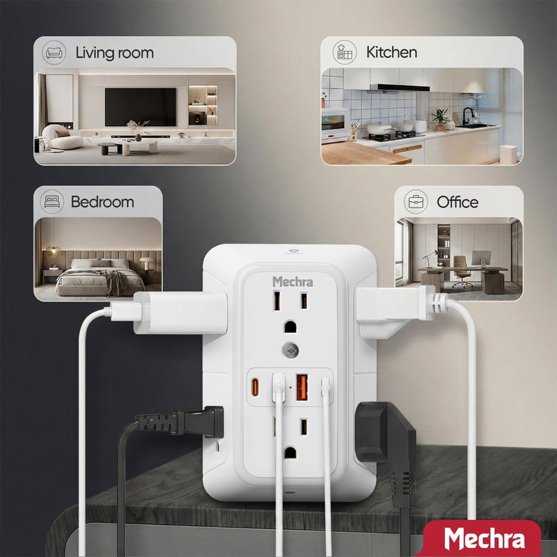 10-in-1 Wall Outlet Extender with Night Light, 3-Sided Multi Plug Surge Protector (1050J), 6 Wide Spaced AC Outlets & 4 USB Ports, Wall Mount Wall Charger for Home, Office, School & Travel White Standard