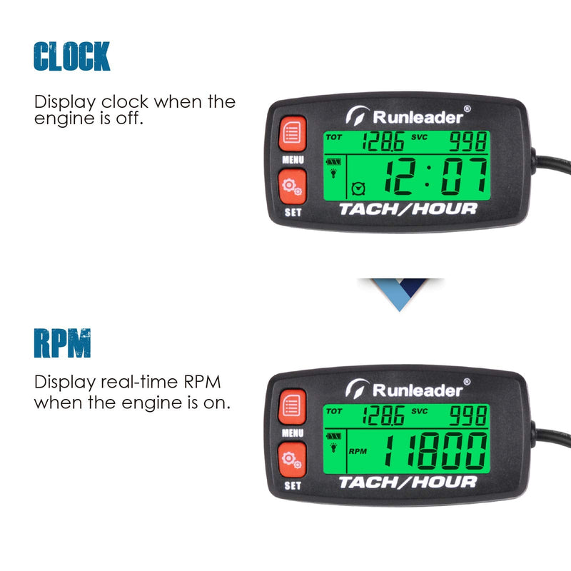 Runleader Hour Meter Tachometer,Maintenance Reminder,Alert RPM,Backlit Display,Initial Hours Setting,Battery Replaceable,Use for ZTR Mower Generator Marine ATV and Gas Powered Device. (Button-Red) Button-Red
